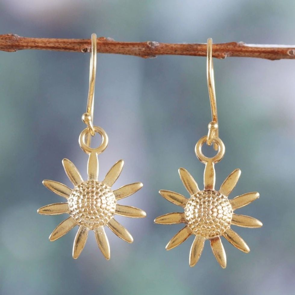 22k Gold-Plated Sunflower Dangle Earrings from India 'Sunflower Glory'