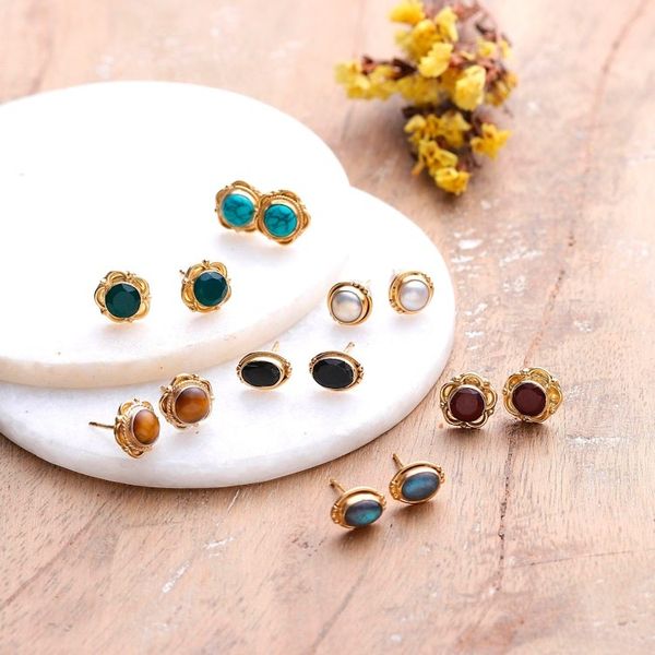 Alternate image for Set of Seven 22k Gold-Plated Stud Earrings with Gemstones Everyday Glamour