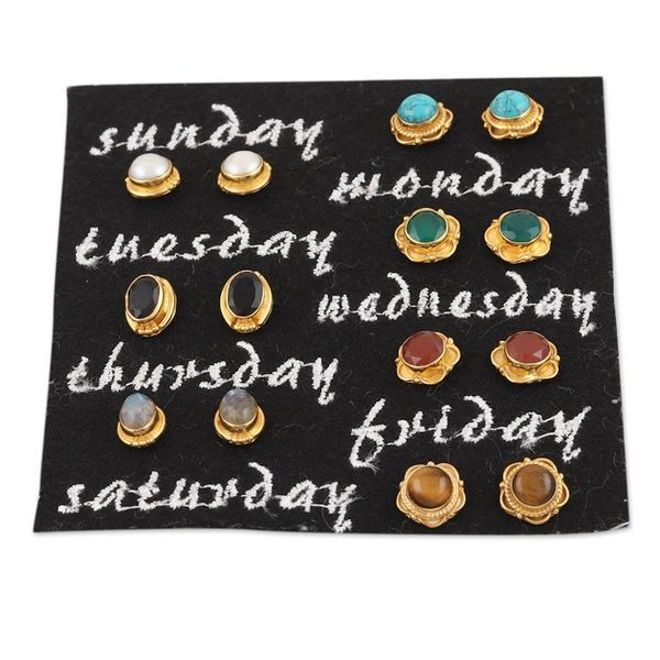 Alternate image for Set of Seven 22k Gold-Plated Stud Earrings with Gemstones Everyday Glamour