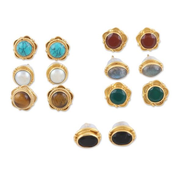 Alternate image for Set of Seven 22k Gold-Plated Stud Earrings with Gemstones Everyday Glamour