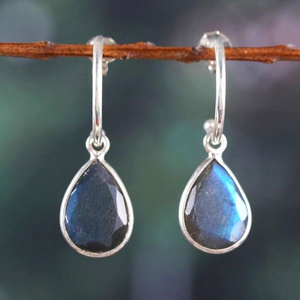 Alternate image for Sterling Silver Half-Hoop Earrings with Labradorite Gemstone Fabulous Guardian