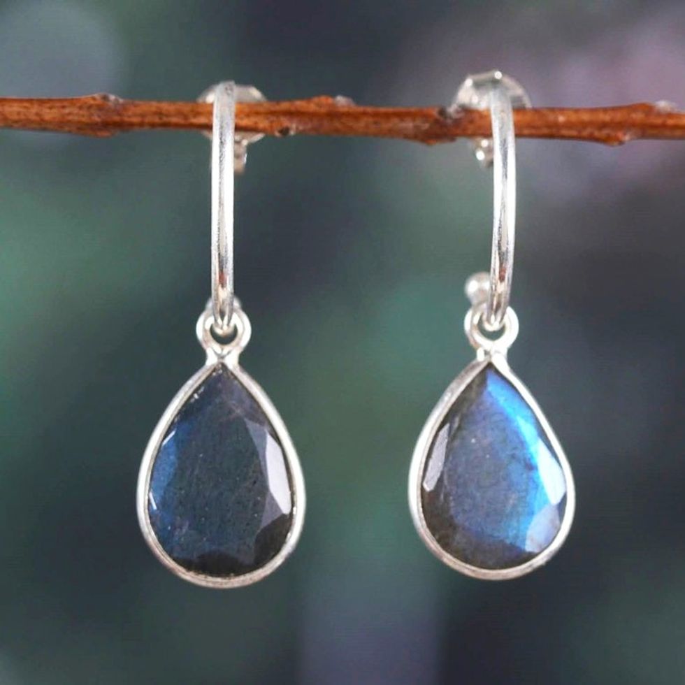 Sterling Silver Half-Hoop Earrings with Labradorite Gemstone 'Fabulous Guardian'