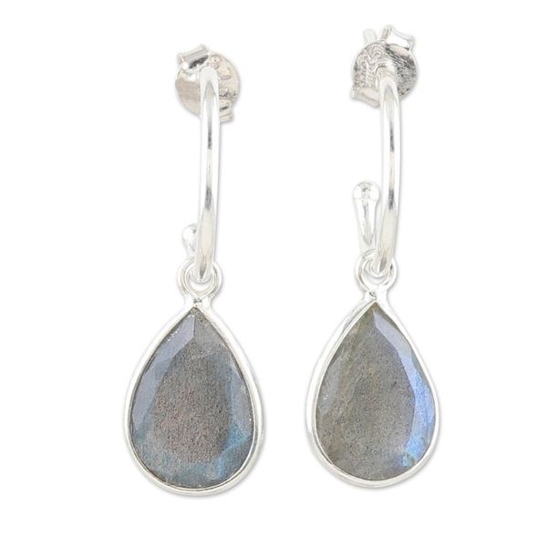Alternate image for Sterling Silver Half-Hoop Earrings with Labradorite Gemstone Fabulous Guardian