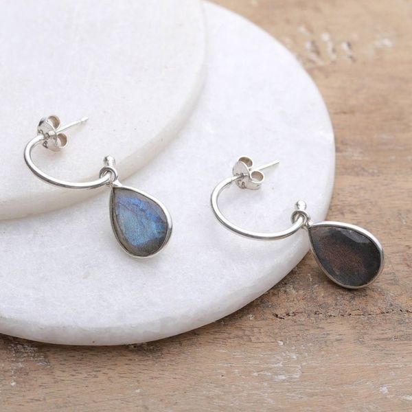 Alternate image for Sterling Silver Half-Hoop Earrings with Labradorite Gemstone Fabulous Guardian