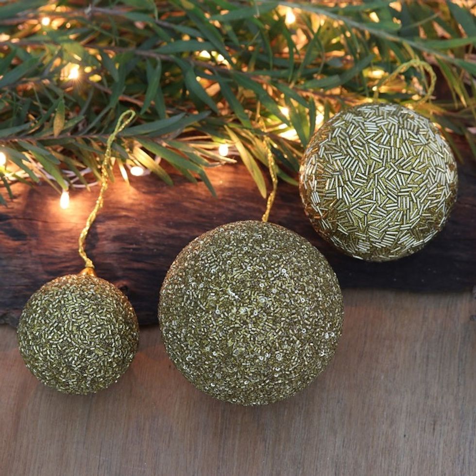 Set of Three Sparkling Beaded Ornaments in a Golden Hue 'Golden Magic'