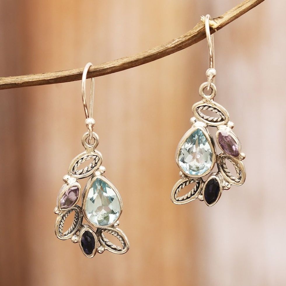 Leafy Multi-Gemstone Dangle Earrings with Five-Carat Jewels 'Dazzling Glare'