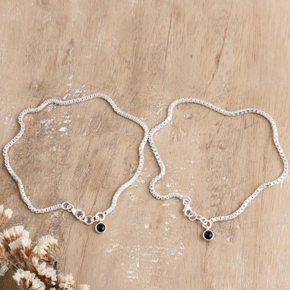 Pair of Sterling Silver Anklets with Onyx Charms 'Radiant Courage'