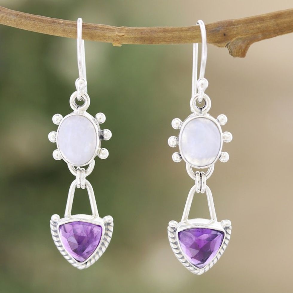 Rainbow Moonstone Dangle Earrings with 5-Carat Amethyst Gems 'Harmonious Purple'