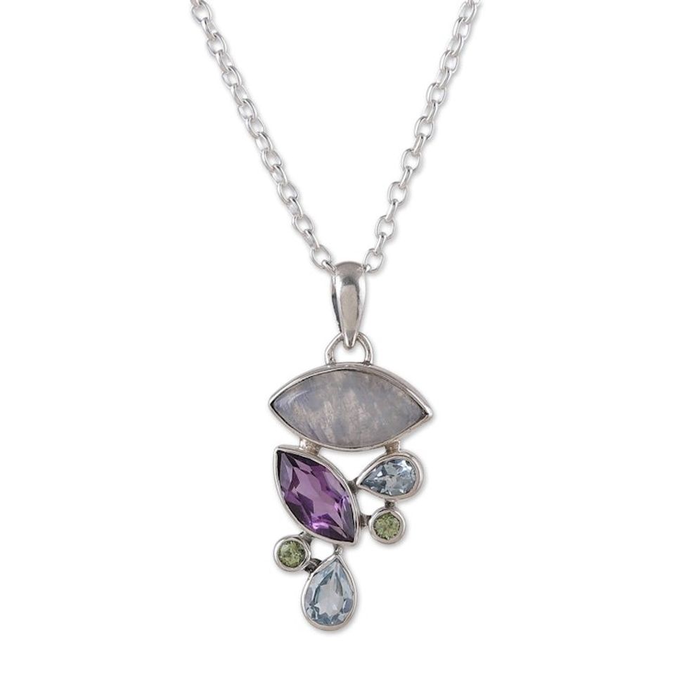 Multi-Gemstone Sterling Silver Pendant Necklace from India 'Stylish Glam'
