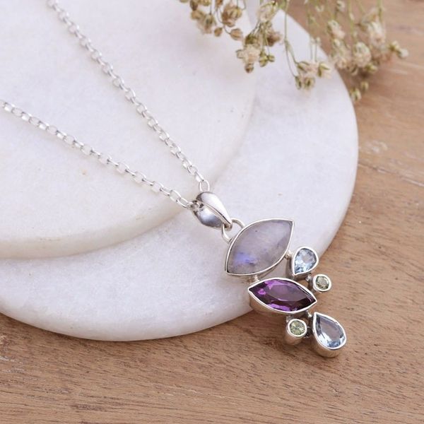Alternate image for Multi-Gemstone Sterling Silver Pendant Necklace from India Stylish Glam