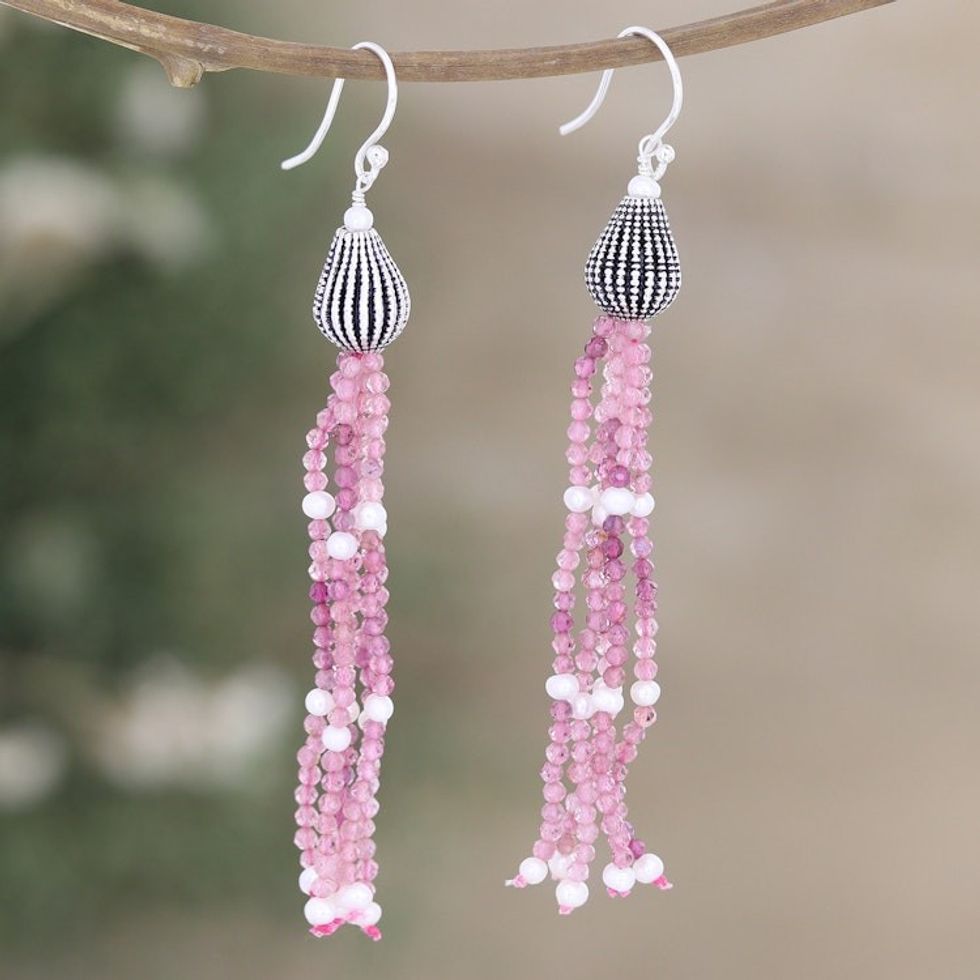 Waterfall Earrings with Cultured Pearl and Tourmaline Stones 'Peaceful Unity'