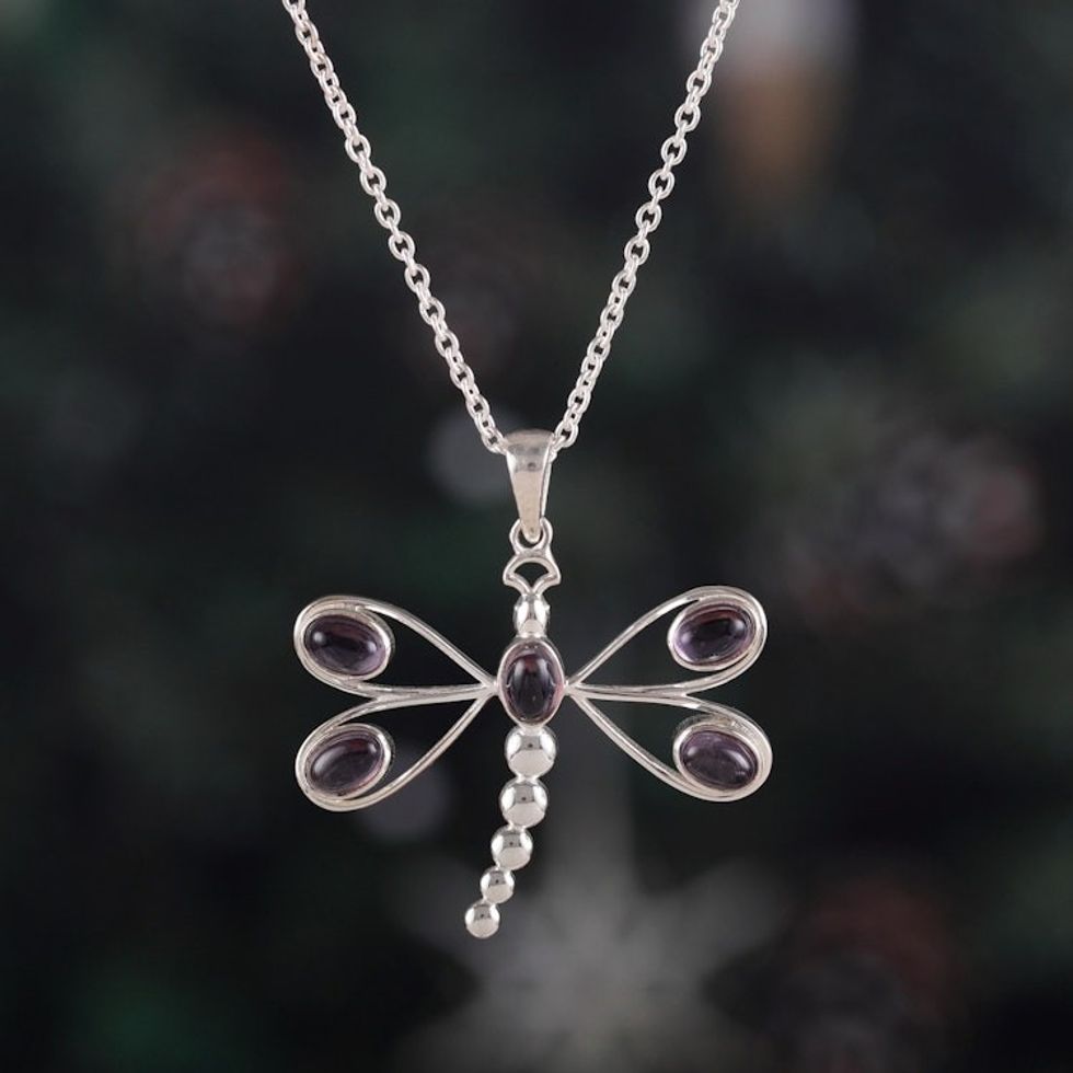 Amethyst Sterling Silver Dragonfly Pendant Necklace 'Violet Dragonfly'