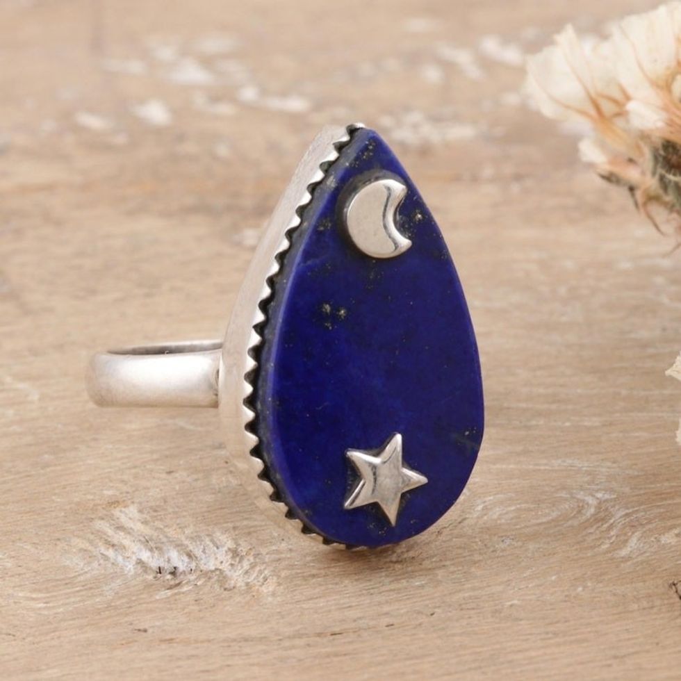 Sterling Silver Cocktail Ring with Lapis Lazuli Gemstone 'Wise Universe'