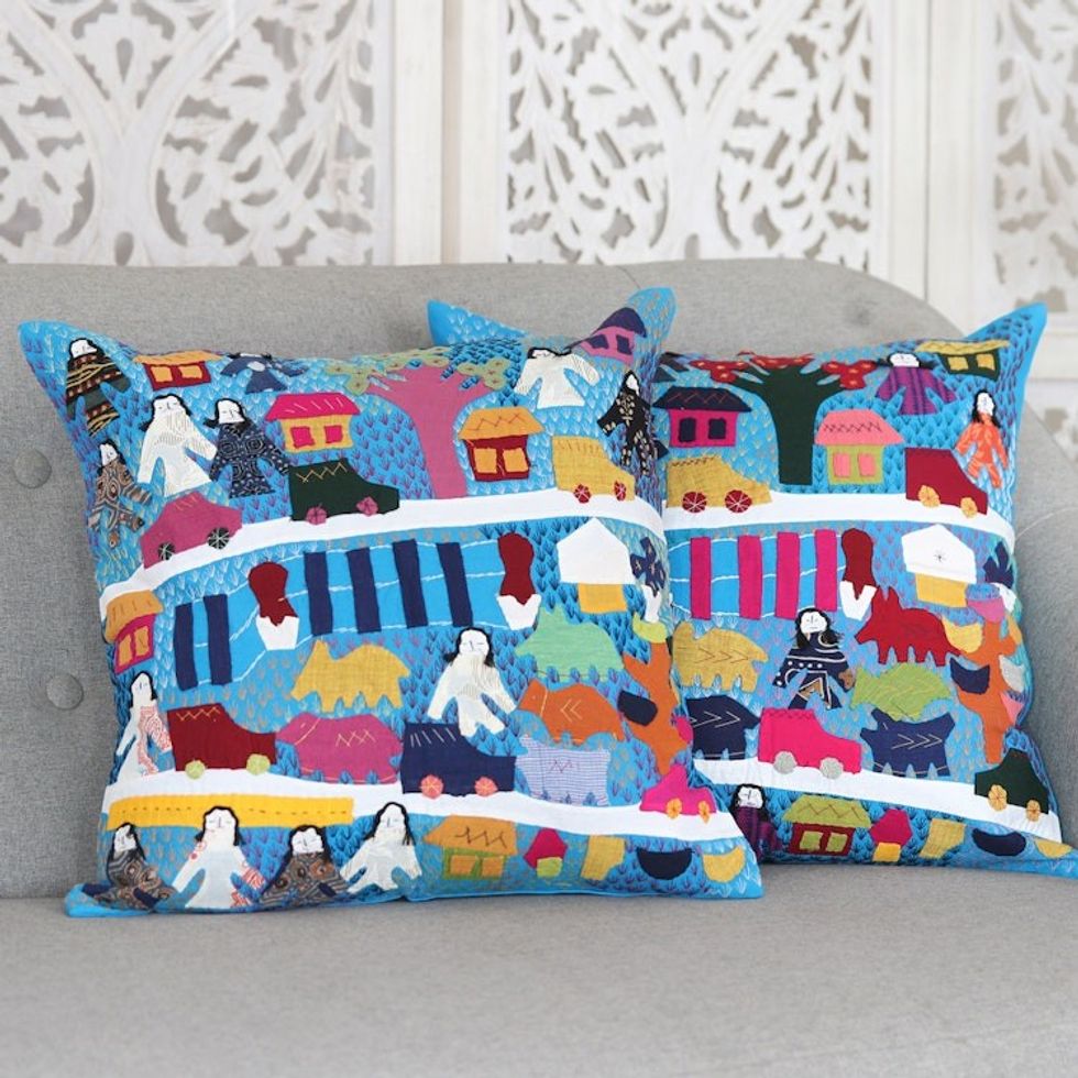 2 Cotton Cushion Covers with Hand Embroidery and Patchwork 'City Life'