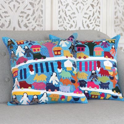 Main image for 2 Cotton Cushion Covers with Hand Embroidery and Patchwork City Life