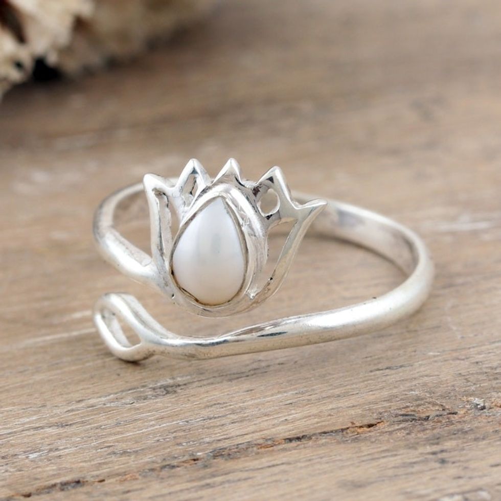Cream Pearl and Sterling Silver Lotus Wrap Ring from India 'Pearl Lotus'