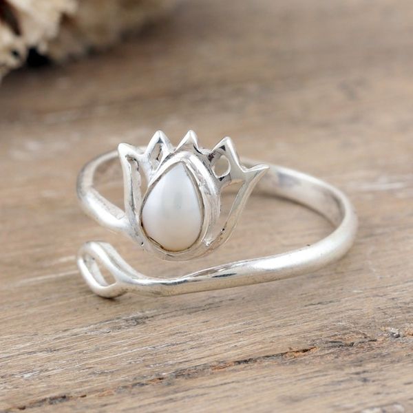 Alternate image for Cream Pearl and Sterling Silver Lotus Wrap Ring from India Pearl Lotus