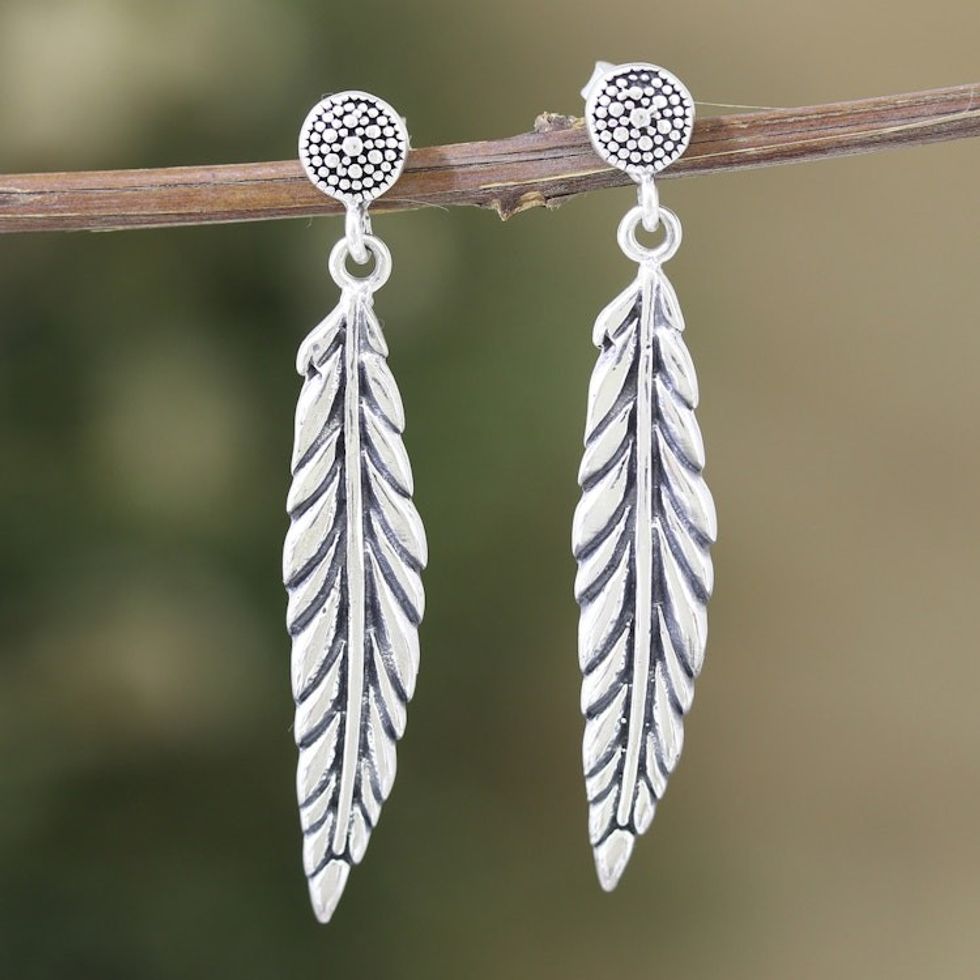 Feather-Themed Sterling Silver Dangle Earrings from India 'Feathered Luxury'