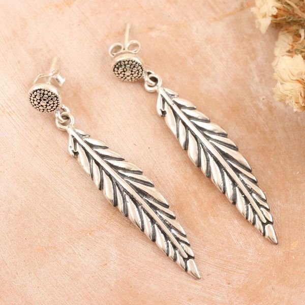Alternate image for Feather-Themed Sterling Silver Dangle Earrings from India Feathered Luxury