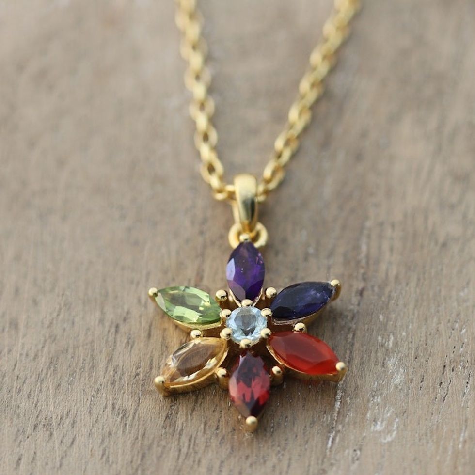 22k Gold-Plated Multi-Gemstone Floral Pendant Necklace 'Floral Spirit'