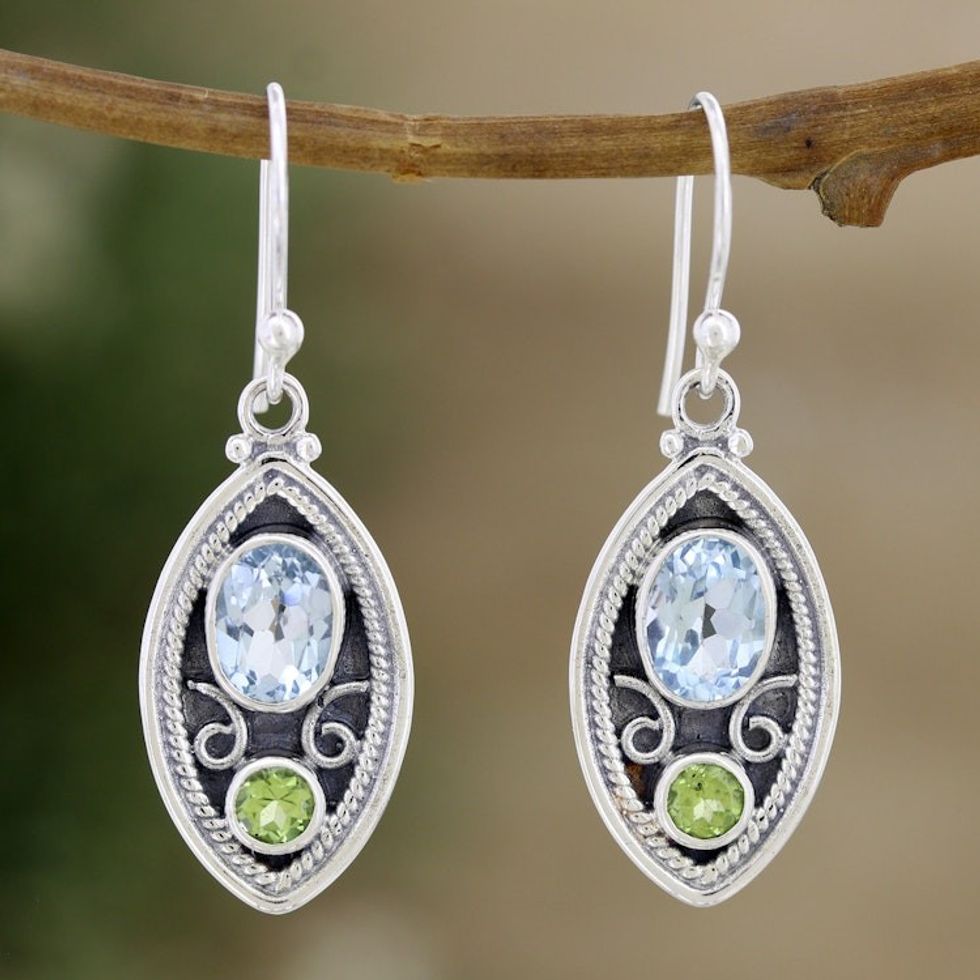 Sterling Silver Dangle Earrings with Blue Topaz and Peridot 'Simply Irresistible'