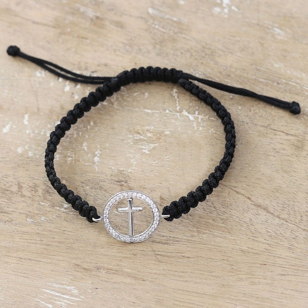 Black Macrame Cord Bracelet with Cross Pendant and Gems 'Bonds of Faith'