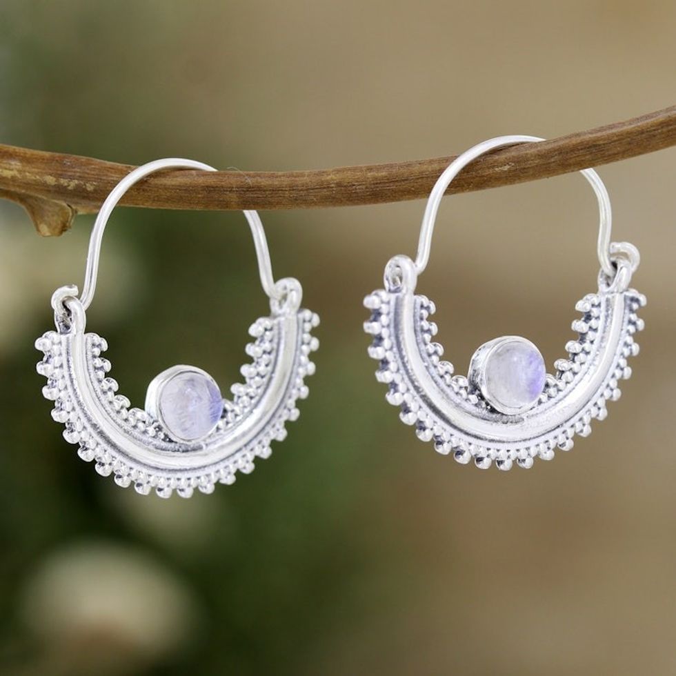 Sterling Silver Half-Hoop Earrings with Rainbow Moonstones 'Misty Cradle'