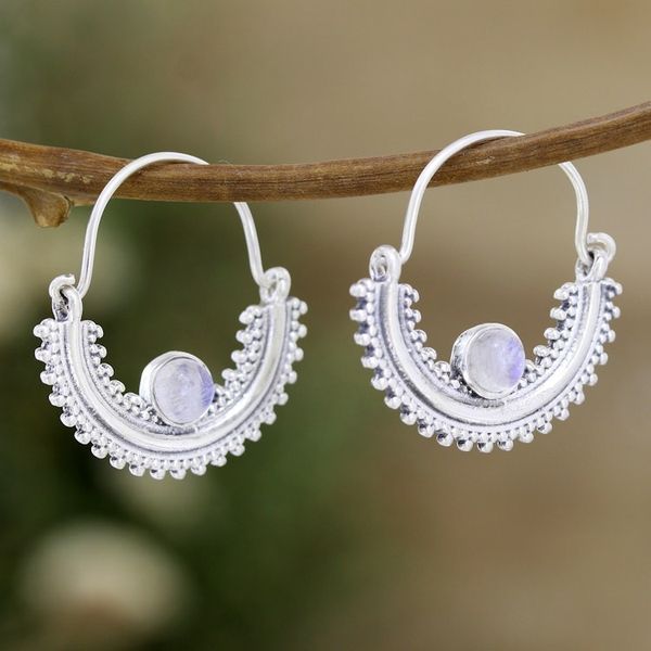 Alternate image for Sterling Silver Half-Hoop Earrings with Rainbow Moonstones Misty Cradle