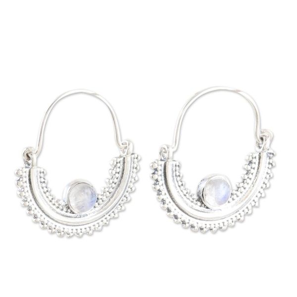 Alternate image for Sterling Silver Half-Hoop Earrings with Rainbow Moonstones Misty Cradle