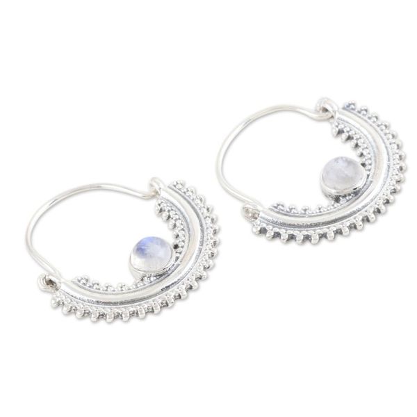 Alternate image for Sterling Silver Half-Hoop Earrings with Rainbow Moonstones Misty Cradle