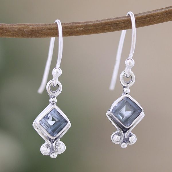 Alternate image for Sterling Silver Dangle Earrings with Faceted Blue Topaz Gems Adorable Loyalty