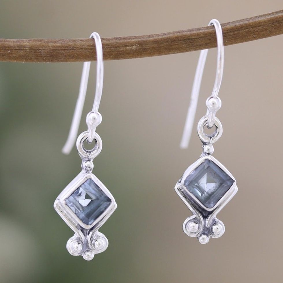 Sterling Silver Dangle Earrings with Faceted Blue Topaz Gems 'Adorable Loyalty'