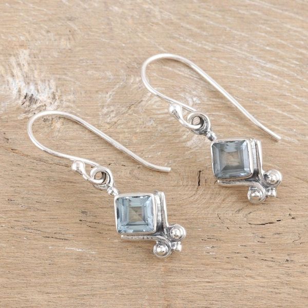 Alternate image for Sterling Silver Dangle Earrings with Faceted Blue Topaz Gems Adorable Loyalty