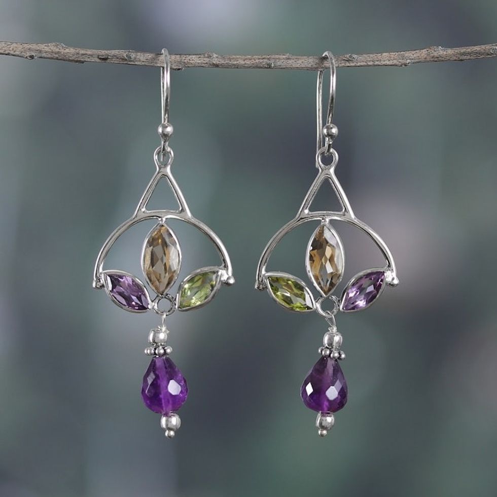 Polished Three-Carat Multi-Gemstone Dangle Earrings 'Universe Glamour'