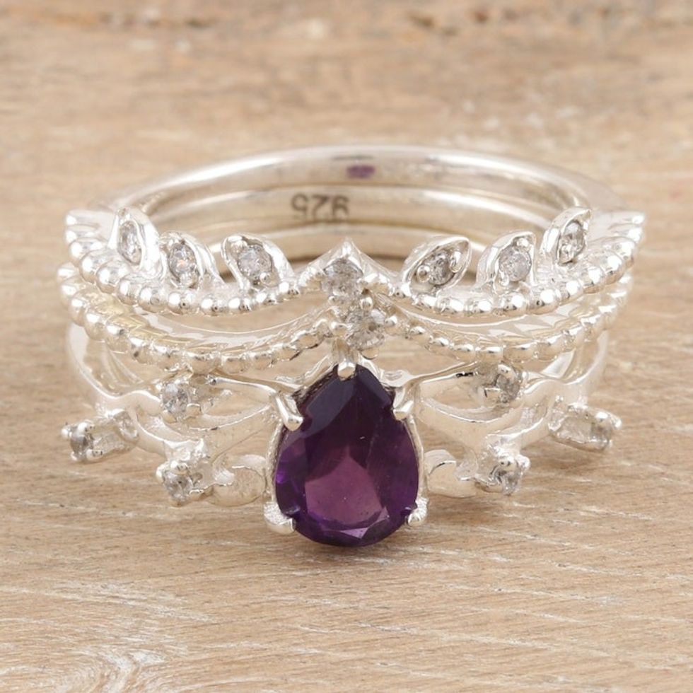 Stacking Rings with Cubic Zirconia and Amethyst Set of 3 'Wisdom Crown'