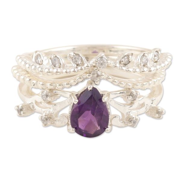 Alternate image for Stacking Rings with Cubic Zirconia and Amethyst Set of 3 Wisdom Crown
