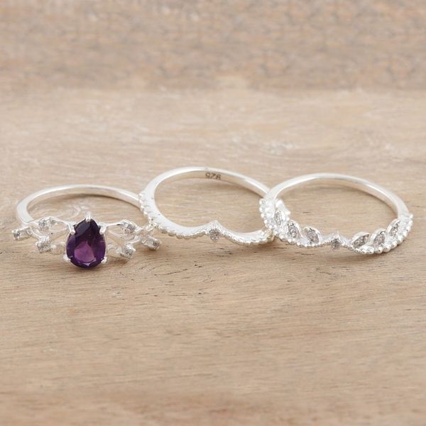 Alternate image for Stacking Rings with Cubic Zirconia and Amethyst Set of 3 Wisdom Crown