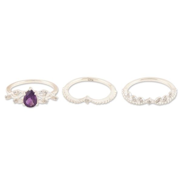 Alternate image for Stacking Rings with Cubic Zirconia and Amethyst Set of 3 Wisdom Crown