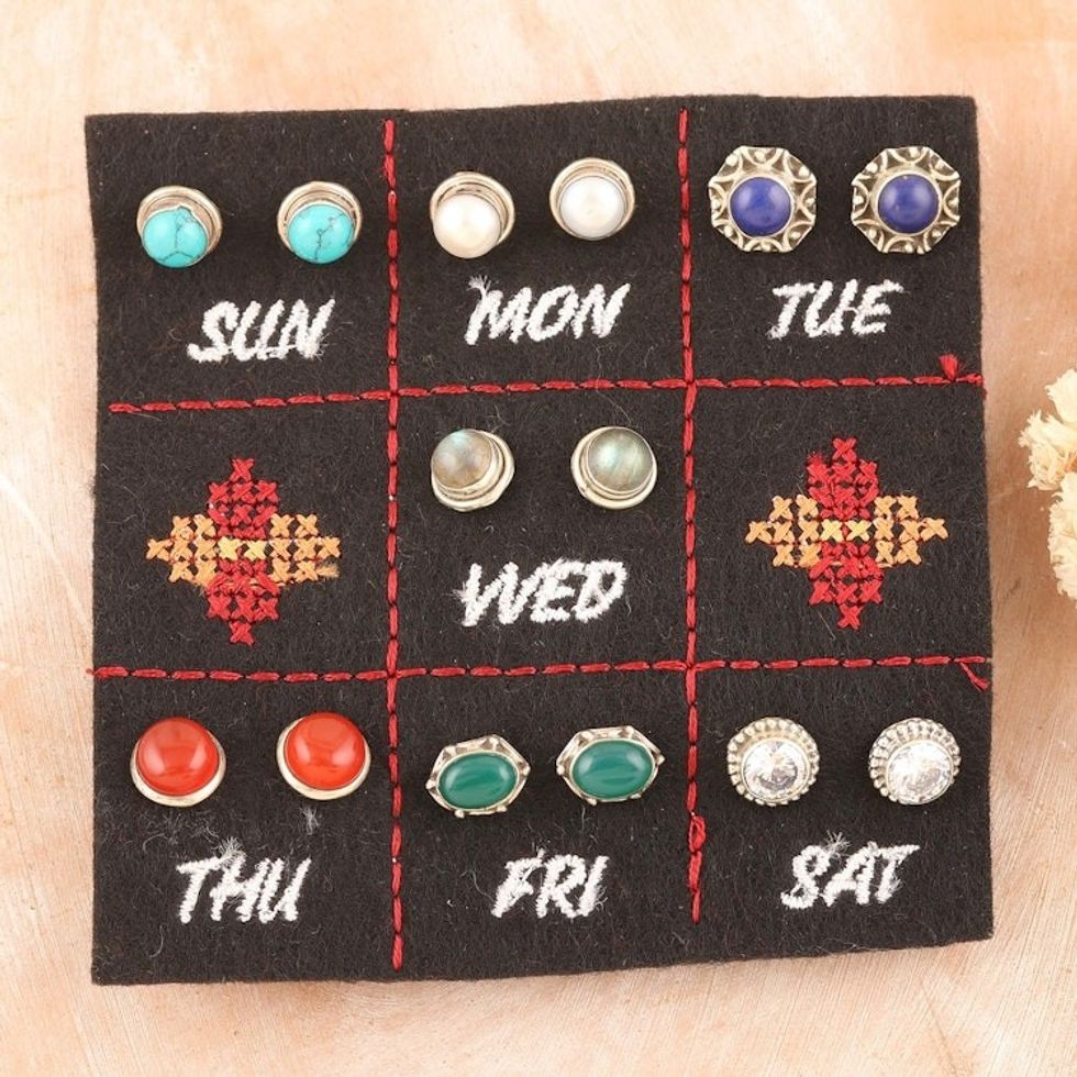 Set of 7 Gemstone Stud Earrings Crafted in India 'Precious Energies'