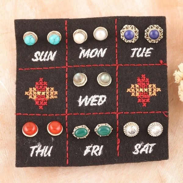 Alternate image for Set of 7 Gemstone Stud Earrings Crafted in India Precious Energies