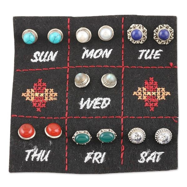 Alternate image for Set of 7 Gemstone Stud Earrings Crafted in India Precious Energies
