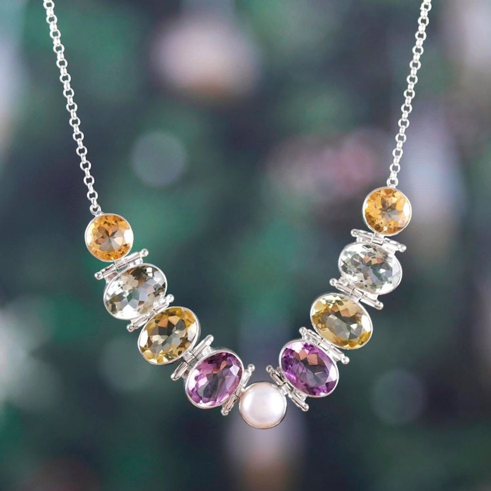 Polished Sterling Silver Pendant Necklace with 48-Carat Gems 'Fusion of Gifts'