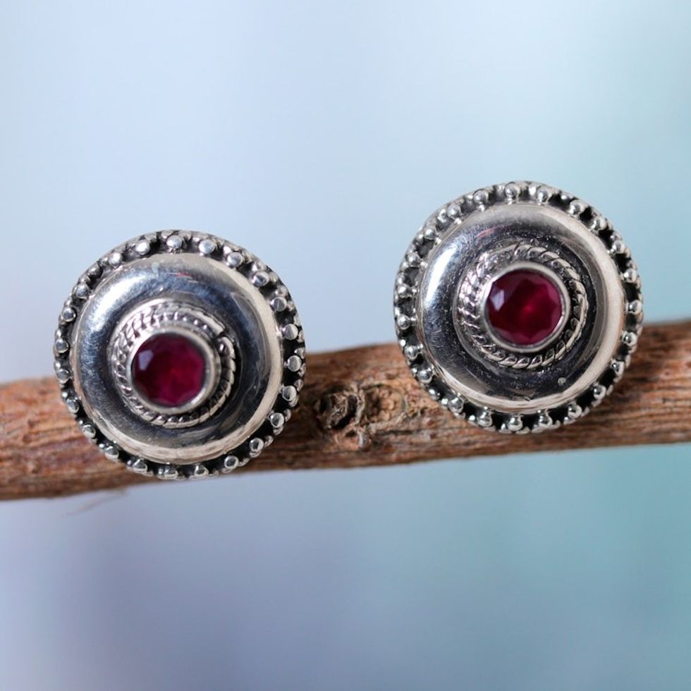Polished Sterling Silver Button Earrings with Pink Onyx Gems 'Confidence Button'