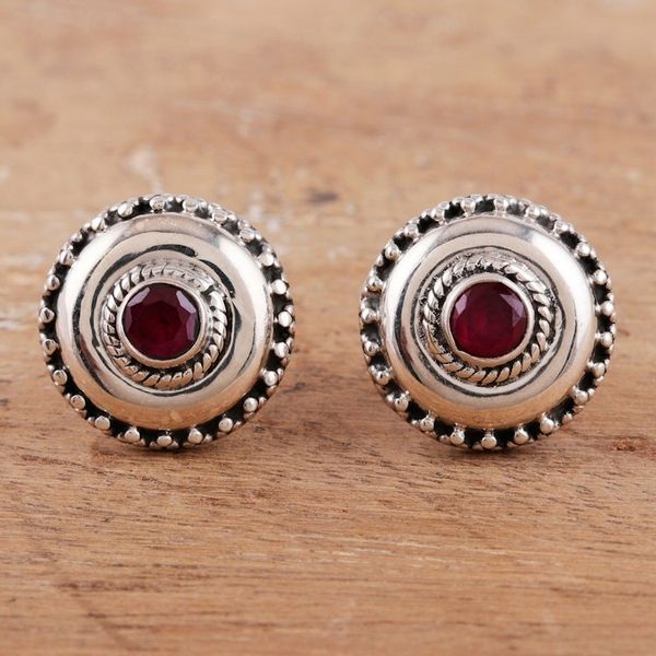 Alternate image for Polished Sterling Silver Button Earrings with Pink Onyx Gems Confidence Button