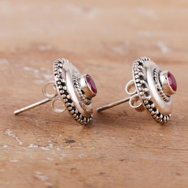 Alternate image for Polished Sterling Silver Button Earrings with Pink Onyx Gems Confidence Button