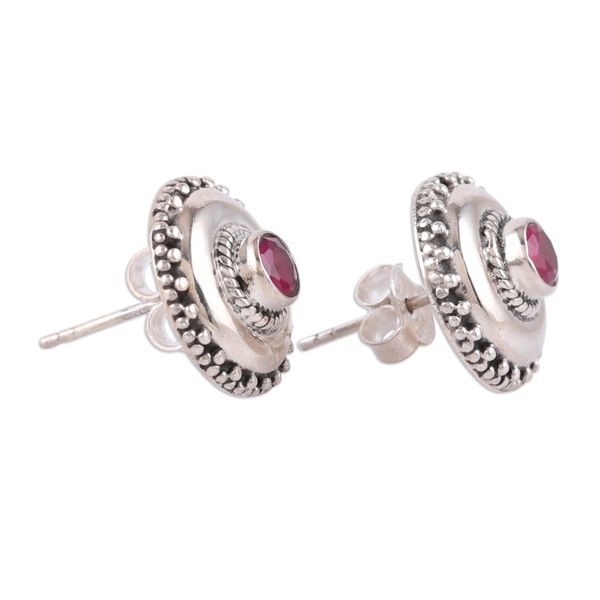 Alternate image for Polished Sterling Silver Button Earrings with Pink Onyx Gems Confidence Button