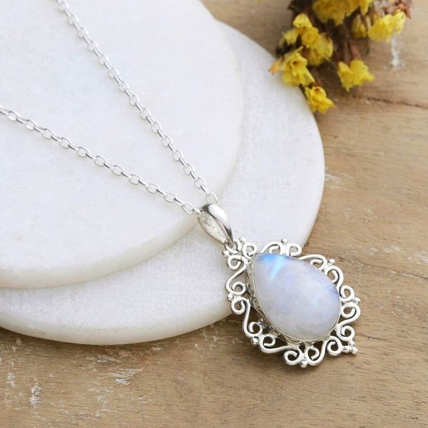 Alternate image for Sterling Silver Pendant Necklace with Rainbow Moonstone Harmonious Illusion
