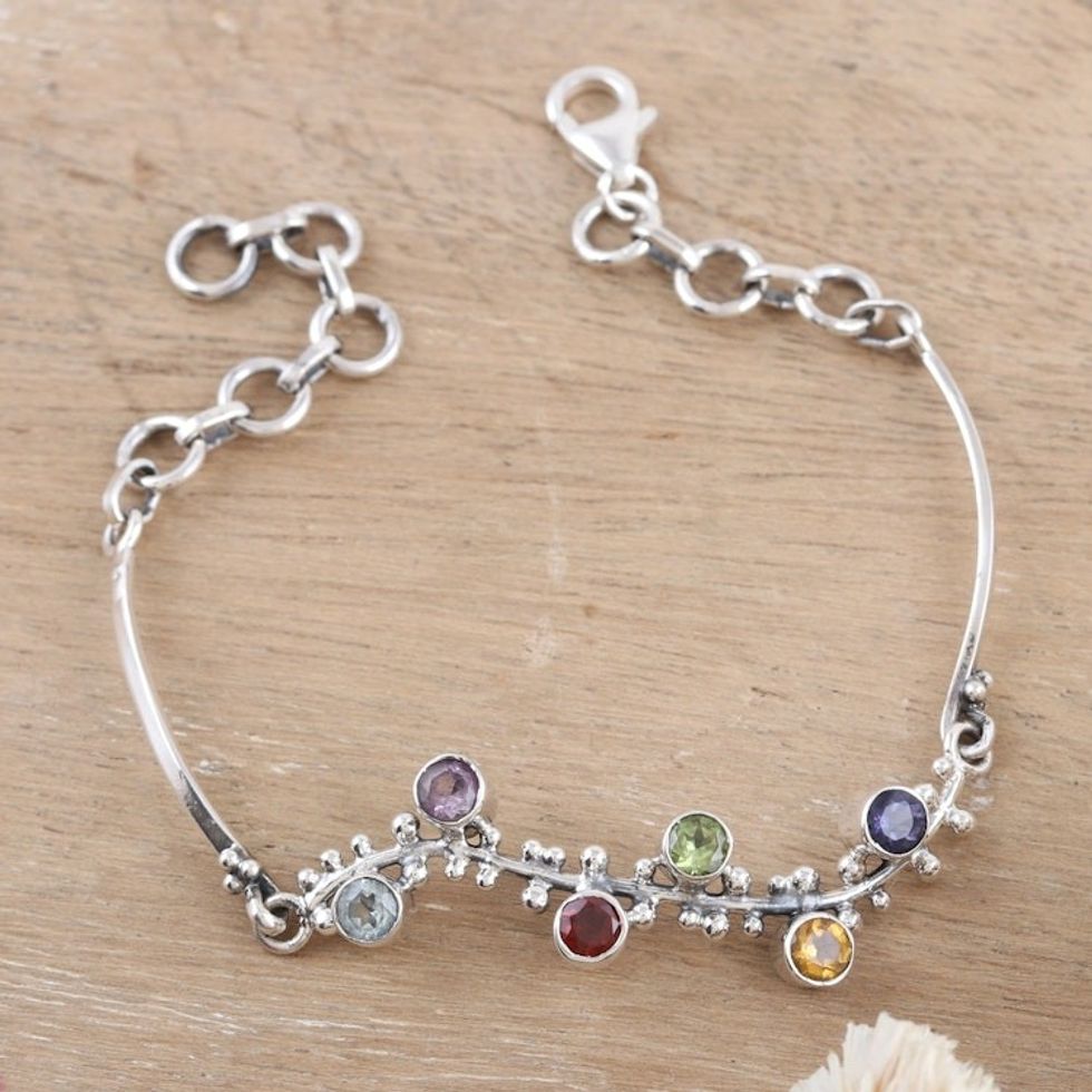 Multi-Gemstone Sterling Silver Pendant Bracelet from India 'Precious Berries'