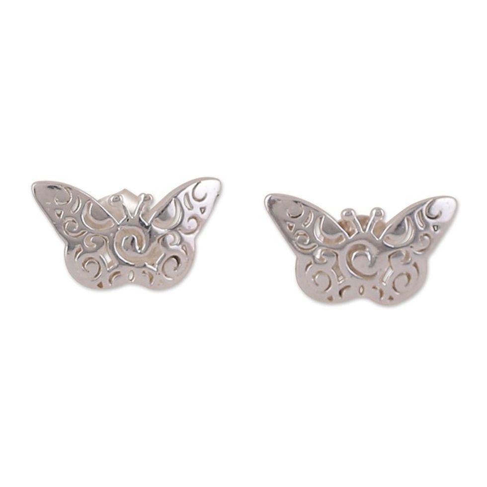 Butterfly-Shaped Sterling Silver Button Earrings from India 'Fluttering Charm'