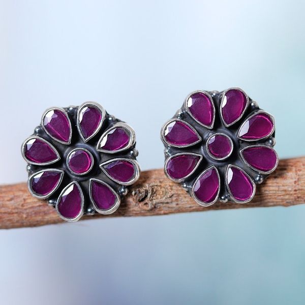 Alternate image for Sterling Silver Floral Button Earrings with Pink Onyx Stones Pink Blend